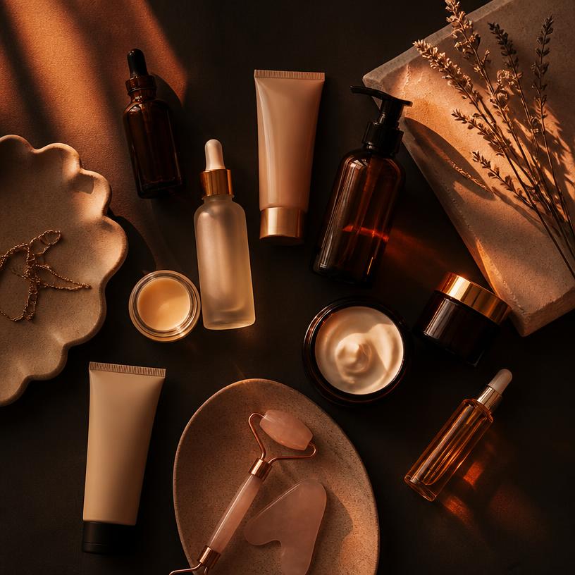 Produtos de beleza numa mesa escura